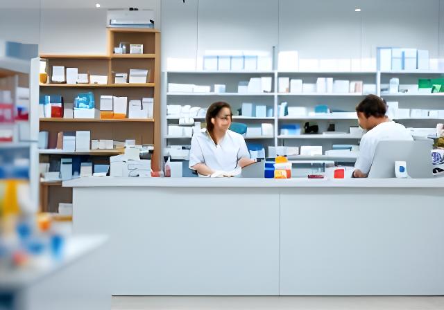 Apotheekinterieur in Zuid-Holland met medewerkers achter de balie en overzichtelijke medicijnkasten