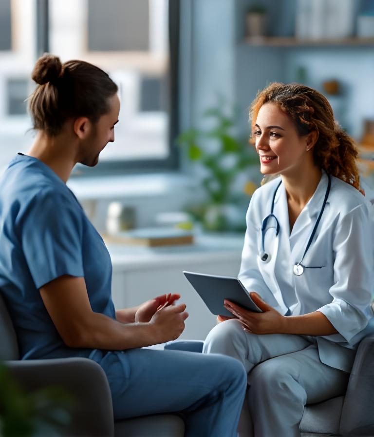 Dierenarts en praktijkadviseur bespreken een veterinaire overname in een moderne spreekkamer met dossiers en tablet