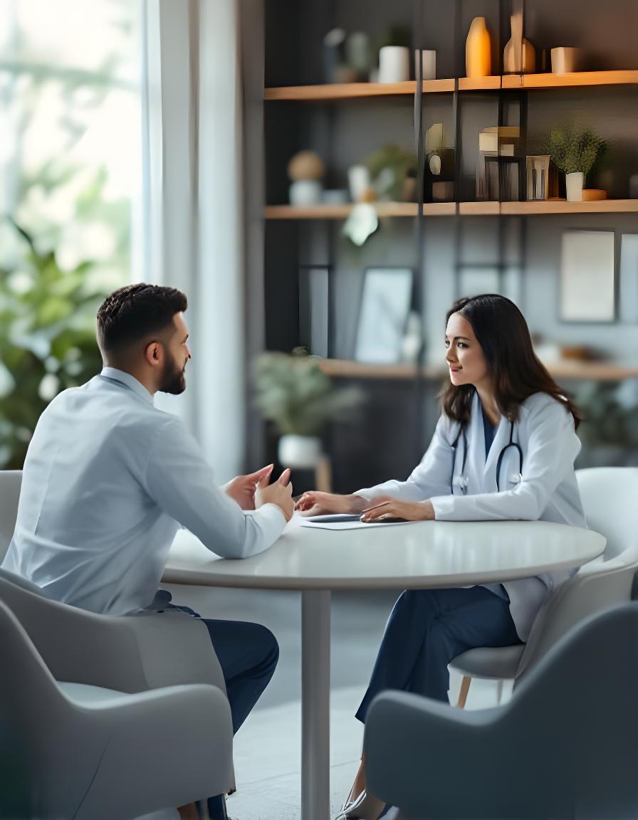 Twee zorgprofessionals bespreken een partnership exit aan een ronde tafel in een lichte praktijkruimte