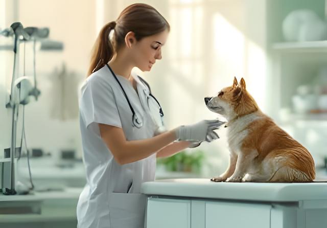 Dierenarts in een behandelruimte met assistent en huisdier op onderzoekstafel in Noord-Brabant